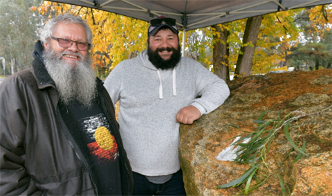 Uncle Chris Thorne and Jesse Cooper - pictured at last year’s Marmangun Rock Ceremony - have carved Ruth Kneebone’s handprint this year. 