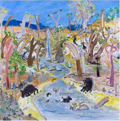 Andy Pye, Hogs with sow at Clear Creek, 2023, oil on canvas, 180 x 180cm