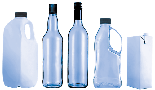line up of bottles: 2l milk bottle, wine bottles, 2L cordial bottle and 1L tetra packs
